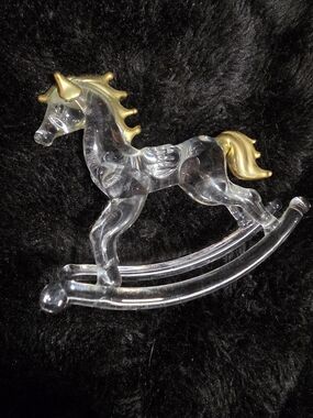 Vintage Miniature Glass Rocking Horse Figurine Gilt Gold Mane and Tail - Clear